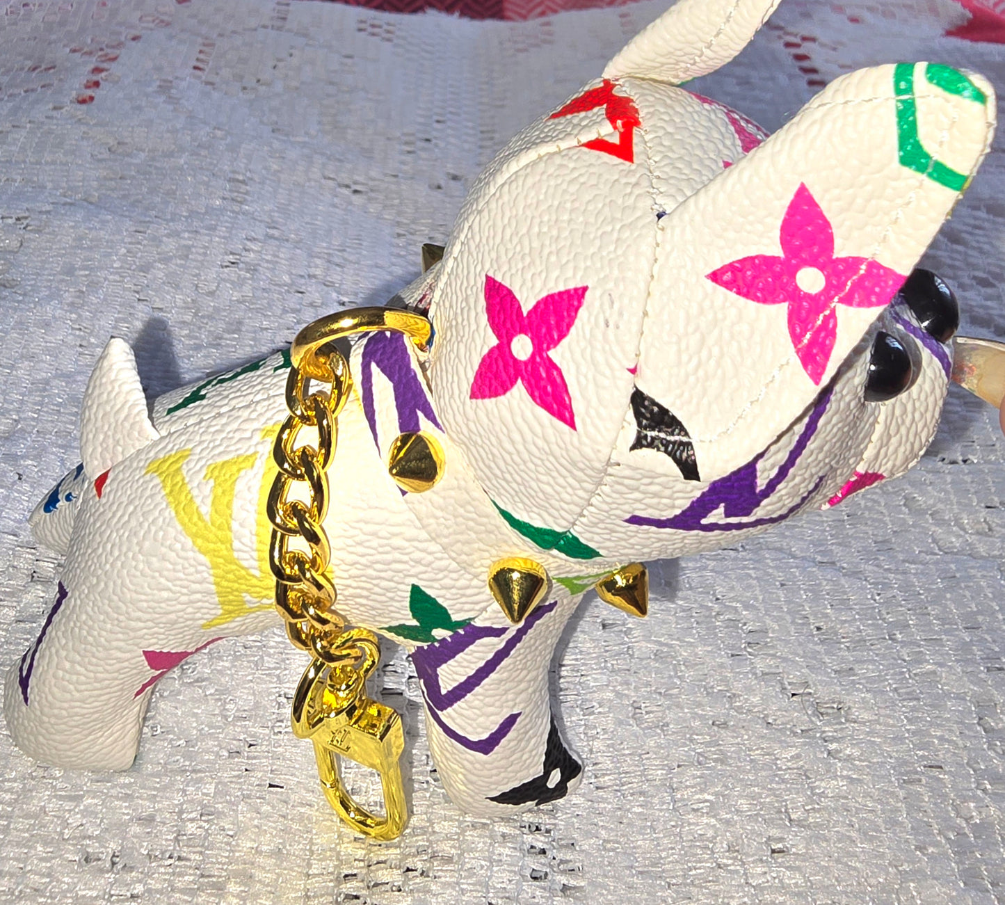 Louis V White Puppy Keychain